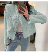 Load image into Gallery viewer, 2021 Spring Vintage Women Single-Breasted Pink Tweed Coat Elegant Fashion V-Neck Long Sleeve Tassel Outwear Femme