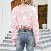 Load image into Gallery viewer, 2021 Spring Women Crop Knitting Tops Sweater Pullover O Neck Destroyed Design Casual Loose Tops Ribbed Neckline Long Hole Sleeve