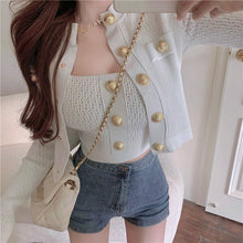Load image into Gallery viewer, 2021 Spring Women Fashion Two-Piece Set Golden Button Single Breasted Knitted Top Cardigan + Sexy Vest Suit