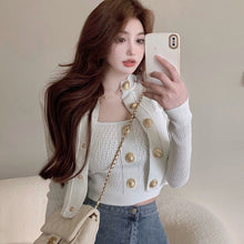 Load image into Gallery viewer, 2021 Spring Women Fashion Two-Piece Set Golden Button Single Breasted Knitted Top Cardigan + Sexy Vest Suit