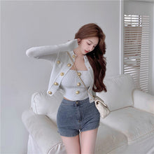 Load image into Gallery viewer, 2021 Spring Women Fashion Two-Piece Set Golden Button Single Breasted Knitted Top Cardigan + Sexy Vest Suit