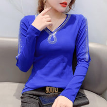 Load image into Gallery viewer, 2021 Spring Women T-Shirt Fashion Casual Long Sleeve V-Neck Mesh Tops Elegant Slim Hot drilling Plus Size Women Clothing