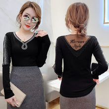Load image into Gallery viewer, 2021 Spring Women T-Shirt Fashion Casual Long Sleeve V-Neck Mesh Tops Elegant Slim Hot drilling Plus Size Women Clothing