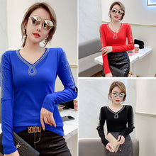 Load image into Gallery viewer, 2021 Spring Women T-Shirt Fashion Casual Long Sleeve V-Neck Mesh Tops Elegant Slim Hot drilling Plus Size Women Clothing
