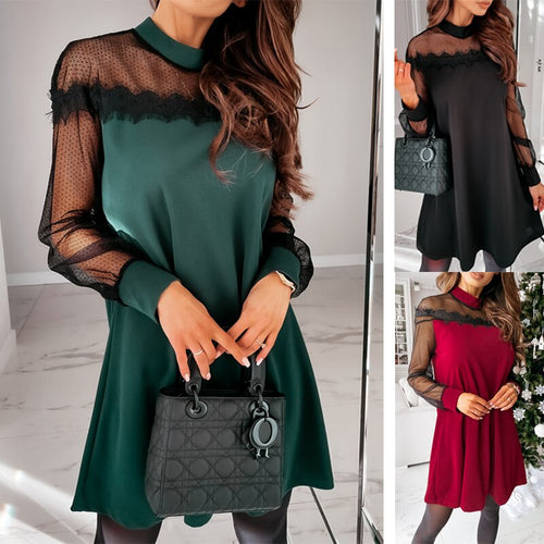 2021 Spring Women Vintage Lace Patchwork Straight Dress Elegant Long Sleeve Mini Sexy Dresses Casual Women Office Lady Dress