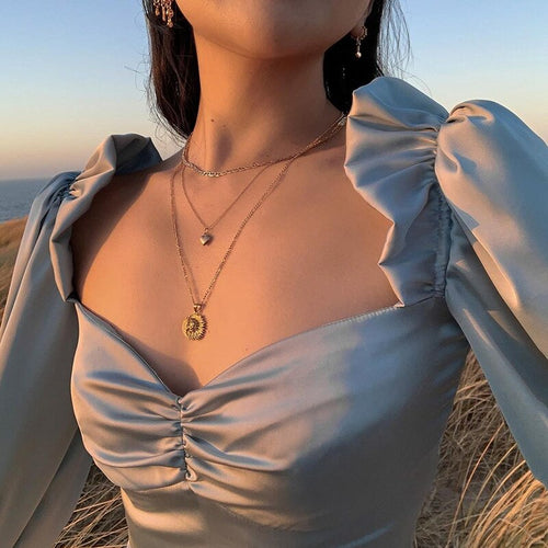 2021 Spring and Autumn Women Shirt Fashion Elegant Square Collar Flared Sleeves Solid  Sexy Crop Top Ruched Slim Top Female