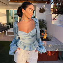 Load image into Gallery viewer, 2021 Spring and Autumn Women Shirt Fashion Elegant Square Collar Flared Sleeves Solid  Sexy Crop Top Ruched Slim Top Female