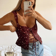 Load image into Gallery viewer, 2021 Square Collar Bandage Crop Tops Camisole Burgundy Fashion Temperament Personality Summer Sexy Floral Women Top New