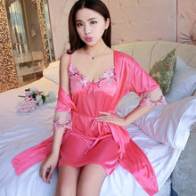 Load image into Gallery viewer, 2021 Summer 2PCS Silk Satin Sexy Lace Lingerie Nightgowns Robes Sets for Women Korean Sleepwear Suit Night Dress Bathrobe Nighty