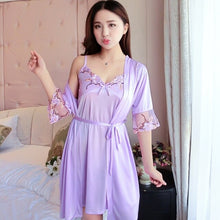 Load image into Gallery viewer, 2021 Summer 2PCS Silk Satin Sexy Lace Lingerie Nightgowns Robes Sets for Women Korean Sleepwear Suit Night Dress Bathrobe Nighty