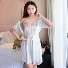 Load image into Gallery viewer, 2021 Summer 2PCS Silk Satin Sexy Lace Lingerie Nightgowns Robes Sets for Women Korean Sleepwear Suit Night Dress Bathrobe Nighty