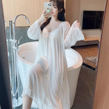 Load image into Gallery viewer, 2021 Summer Autumn 2PCS Cotton Sexy Lace Lingerie Nightgown Robe Sets for Women Bathrobe Sleepwear Nightdress Night Dress Nighty
