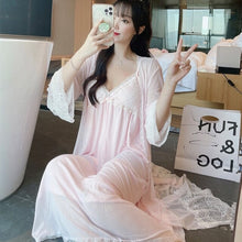 Load image into Gallery viewer, 2021 Summer Autumn 2PCS Cotton Sexy Lace Lingerie Nightgown Robe Sets for Women Bathrobe Sleepwear Nightdress Night Dress Nighty