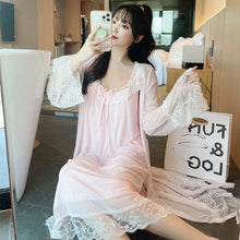 Load image into Gallery viewer, 2021 Summer Autumn 2PCS Cotton Sexy Lace Lingerie Nightgown Robe Sets for Women Bathrobe Sleepwear Nightdress Night Dress Nighty