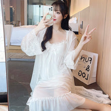 Load image into Gallery viewer, 2021 Summer Autumn 2PCS Cotton Sexy Lace Lingerie Nightgown Robe Sets for Women Bathrobe Sleepwear Nightdress Night Dress Nighty