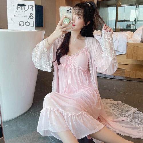 2021 Summer Autumn 2PCS Cotton Sexy Lace Lingerie Nightgown Robe Sets for Women Bathrobe Sleepwear Nightdress Night Dress Nighty