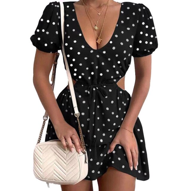 2021 Summer Autumn Women's New Polka Dot Skirt V-neck Short Sleeve Sexy Party Beach Bodycon Dress Elegant Women Ladies Dresses