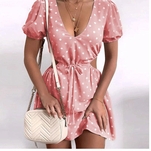 2021 Summer Autumn Women's New Polka Dot Skirt V-neck Short Sleeve Sexy Party Beach Bodycon Dress Elegant Women Ladies Dresses