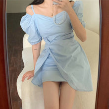 Load image into Gallery viewer, 2021 Summer Beach Kawaii Dress Women Irregular Blue Korean Sexy Party Mini Dresses Off Shoulder Chic Sweet Cute Leisure Sundress