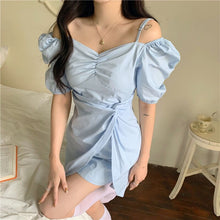 Load image into Gallery viewer, 2021 Summer Beach Kawaii Dress Women Irregular Blue Korean Sexy Party Mini Dresses Off Shoulder Chic Sweet Cute Leisure Sundress