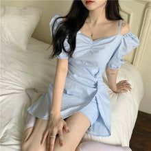Load image into Gallery viewer, 2021 Summer Beach Kawaii Dress Women Irregular Blue Korean Sexy Party Mini Dresses Off Shoulder Chic Sweet Cute Leisure Sundress