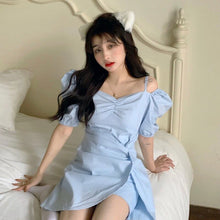 Load image into Gallery viewer, 2021 Summer Beach Kawaii Dress Women Irregular Blue Korean Sexy Party Mini Dresses Off Shoulder Chic Sweet Cute Leisure Sundress