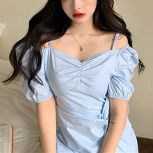 Load image into Gallery viewer, 2021 Summer Beach Kawaii Dress Women Irregular Blue Korean Sexy Party Mini Dresses Off Shoulder Chic Sweet Cute Leisure Sundress