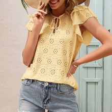 Load image into Gallery viewer, 2021 Summer Blusas Women Shirts Sexy V Neck With Drawstring Petal Sleeve Hollow Out Holes Blouse Shirt Casual Loose Female Tops