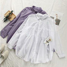 Load image into Gallery viewer, 2021 Summer Chiffon Blouses Female Solid Long Sleeve Pockets Button Thin Top Casual Loose Fashion All-match White Women&#39;s Blouse