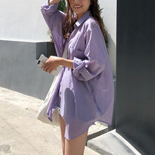 Load image into Gallery viewer, 2021 Summer Chiffon Blouses Female Solid Long Sleeve Pockets Button Thin Top Casual Loose Fashion All-match White Women&#39;s Blouse