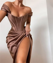 Load image into Gallery viewer, 2021 Summer Dresses With Fishbone  Elegant Stretch Satin Dress Women High Split Deep V Neck  Sexy Party  Dress