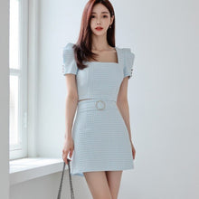 Load image into Gallery viewer, 2021 Summer Elegant 2 Piece Set Women Pliad Square Collar Puff Sleeve Crop Top + High Waist A-Line Mini Skirts Suit Female