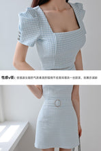 Load image into Gallery viewer, 2021 Summer Elegant 2 Piece Set Women Pliad Square Collar Puff Sleeve Crop Top + High Waist A-Line Mini Skirts Suit Female