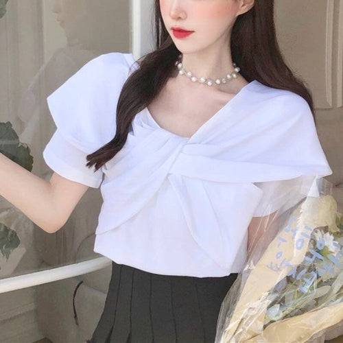 2021 Summer Elegant Casual Blouses Women Bow Whtie Korean Fashion Designer Clothing Short Sleeve Sweet Japanese Fit Chic Shirts