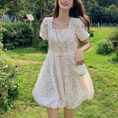2021 Summer Elegant Dresses Women Floral Kawaii Puff Slleve Vintage Dress Female Casual Sweet Chic Outdoor Party Mini Dress New