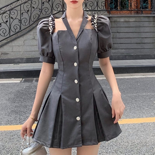 2021 Summer Elegant French Vintage Dress Women Puff Sleeve Mini Robe Female Sweet Party Pleated Vestidos De Mujer Korean Fashion