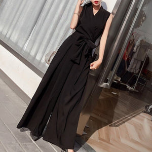 2021 Summer Elegant Ladies Sleeveless Solid Jumpsuits V-Neck High Waist Sashes Women Casual Slim Wide Leg Rompers Female