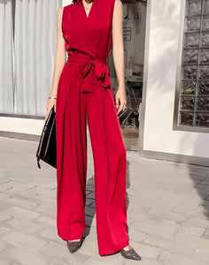 2021 Summer Elegant Ladies Sleeveless Solid Jumpsuits V-Neck High Waist Sashes Women Casual Slim Wide Leg Rompers Female