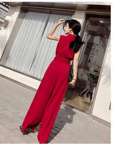 2021 Summer Elegant Ladies Sleeveless Solid Jumpsuits V-Neck High Waist Sashes Women Casual Slim Wide Leg Rompers Female