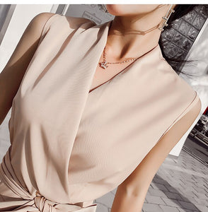 2021 Summer Elegant Ladies Sleeveless Solid Jumpsuits V-Neck High Waist Sashes Women Casual Slim Wide Leg Rompers Female