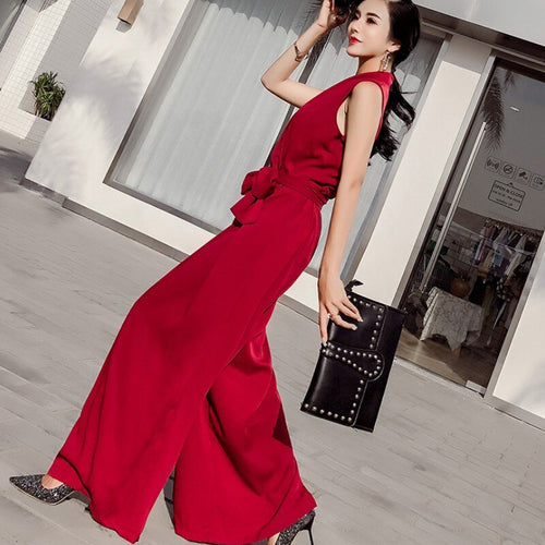 2021 Summer Elegant Ladies Sleeveless Solid Jumpsuits V-Neck High Waist Sashes Women Casual Slim Wide Leg Rompers Female
