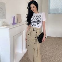 Load image into Gallery viewer, 2021 Summer Elegant Two Piece Set Women Korean White Short Sleeve Letter T-Shirt Top + High Waist OL Bodycon Skirts Casual Suit