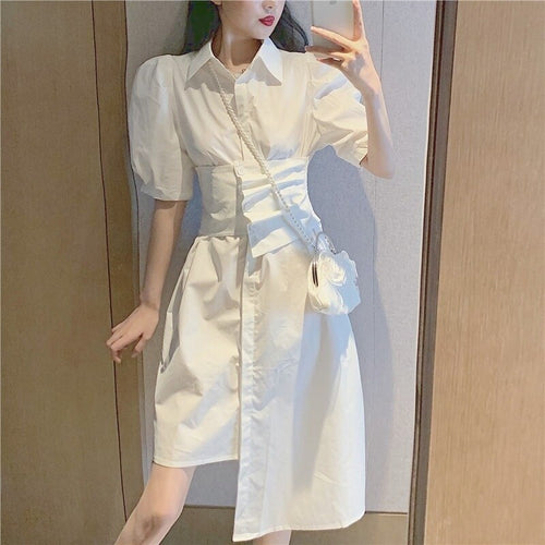 2021 Summer Elegant Vintage Dress Women Korean Style White Irregular Designer Dresses Sash Belt Short Sleeve Casual Midi Dresses