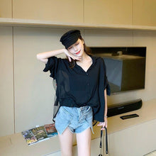 Load image into Gallery viewer, 2021 Summer Fashion Mesh Stitching Open Back Printed Blouse Loose Shirt Sun Protection Top Casual  Shirt Female Loose Shirt