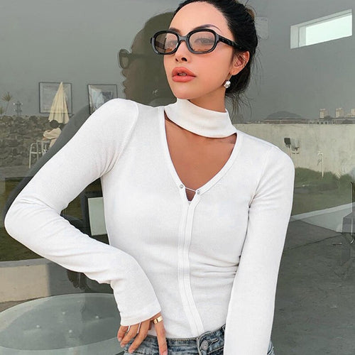 2021 Summer Fashion New Sexy Beautiful Temperament Personality Big V Neck Solid Color Slim Long Sleeved Women's Top