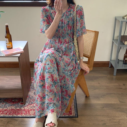 2021 Summer Fashion O-Neck Puff Sleeve Floral Chiffon Boho Dress Vintage Women Temperament Casual Elegant Long Dress Robe