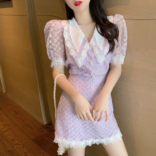 2021 Summer Fashion Two Piece Set Women Sweet Lace Lapel Puff Sleeve Embroidery Shirt Top + High Waist A-Line Mini Skirt Suit
