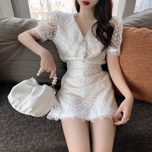 Load image into Gallery viewer, 2021 Summer Fashion Two Piece Set Women Sweet Lace Lapel Puff Sleeve Embroidery Shirt Top + High Waist A-Line Mini Skirt Suit
