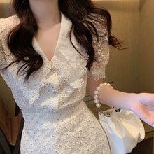 Load image into Gallery viewer, 2021 Summer Fashion Two Piece Set Women Sweet Lace Lapel Puff Sleeve Embroidery Shirt Top + High Waist A-Line Mini Skirt Suit