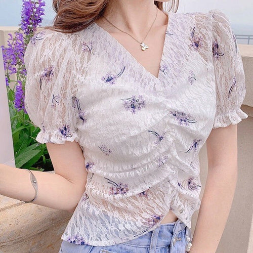 2021 Summer Floral Elegant Blouses Women Bubble Sleeve Lace Casual France Vintage Shirt Print Pretty Korean Fashion Clothes Boho